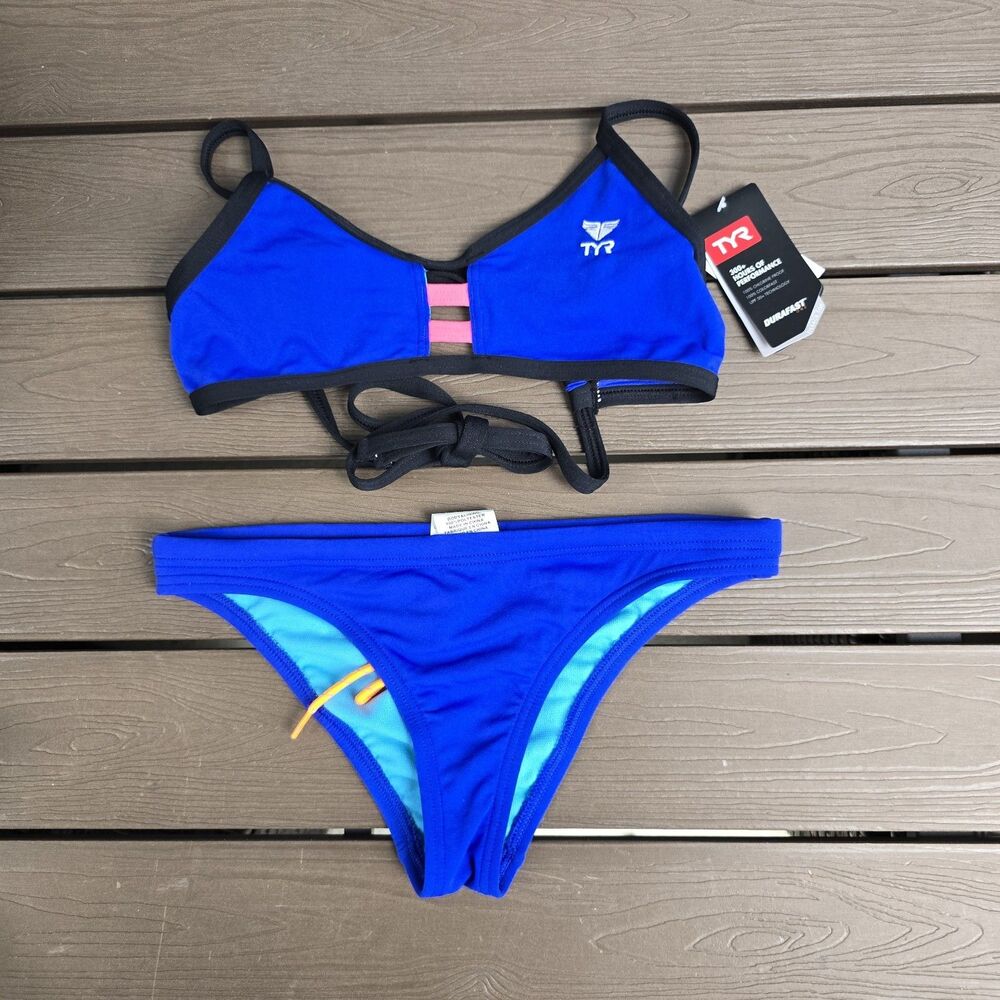 TYR Womens Durafast Solid Royal Blue Tieback Workout Bikini Sz S New Sample